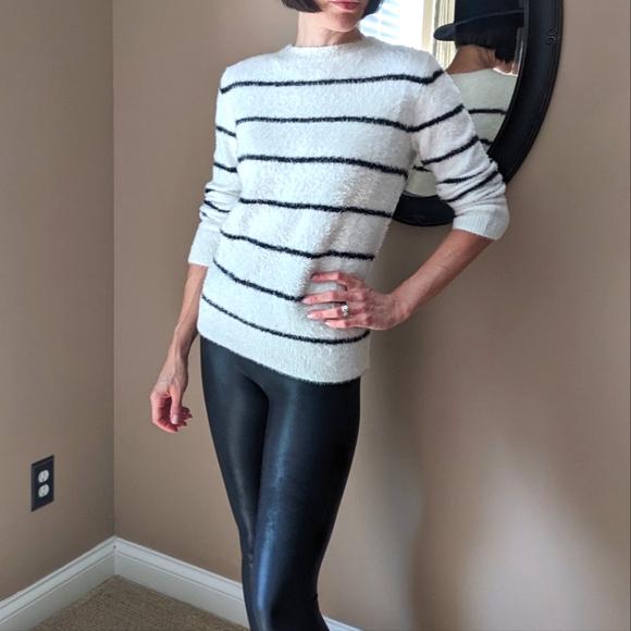 Cable Stitch Sweaters - SOFT & FUZZY Black & White Striped Sweater